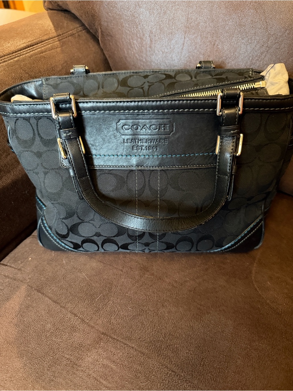 Coach Black Signature Jacquard Tote with Leather Trim